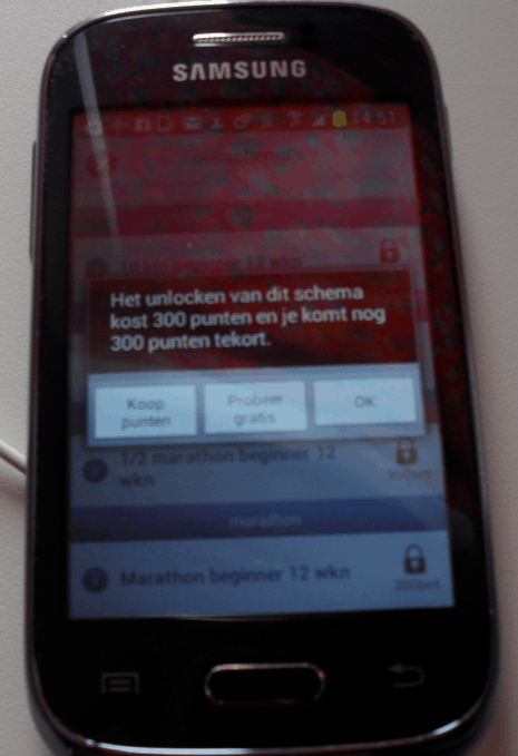 Melding in de app over de trainingsmogelijkheden en schema's